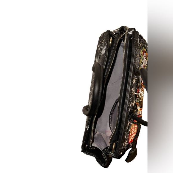 Black Splatter Vegan Leather Handbag w/ Rock N’ Roll Patches - Picture 9 of 11